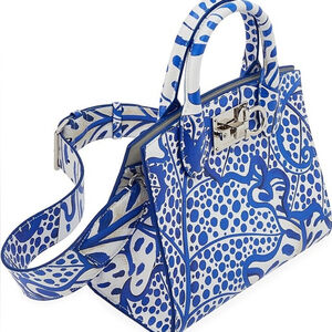 New Ferragamo Mini Studio Box Bag blue and white foliage print